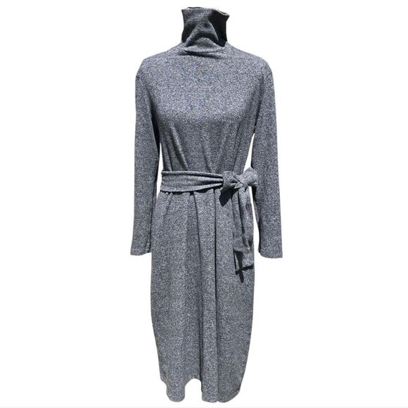 Zara Women's Turtleneck Long Sleeve Midi Dress‎ Tie Waist Medium Grey Size Large - Picture 1 of 8